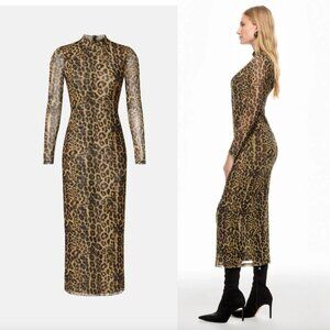 Ronny Kobo x RTR Leopard Print Midi Dress Cheetah Turtleneck Long Sleeve Large L